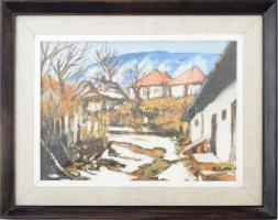 Arató István (1922-2010): Télvége. Olaj, farost, jelzett, hátoldalán autográf felirattal. Üvegezett ...