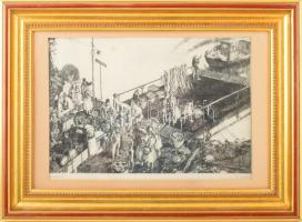 Görög Rezső (1930- ?): Kompátjáró. Rézkarc, papír, jelzett. Dekoratív, üvegezett fakeretben, 26×38 c...