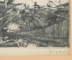 Görög Rezső (1930- ?): Kompátjáró. Rézkarc, papír, jelzett. Dekoratív, üvegezett fakeretben, 26×38 c...