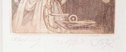 Olvashatatlan jelzéssel: Kodály. Rézmetszet, papír, számozott (14?/80). Dekoratív, üvegezett, kissé ...