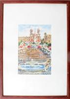 Olvashatatlan jelzéssel: Róma, spanyol lépcső. Akvarell, papír. Üvegezett fakeretben. 18,5x12,5 cm
