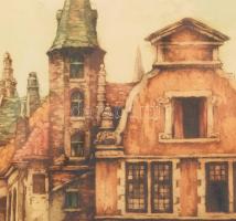 Olvashatatlan jelzéssel: Brüggei piac (Bruges). Színes rézkarc, papír. Üvegezett fakeretben. 50x64 c...