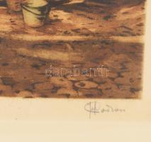 Olvashatatlan jelzéssel: Brüggei piac (Bruges). Színes rézkarc, papír. Üvegezett fakeretben. 50x64 c...