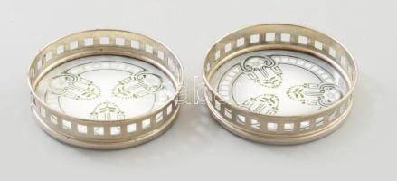 Szecessziós poháralátét pár, fajansz betéttel, jó állapotban, d: 7 cm