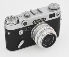 cca 1950-1960 Zorkij (Zorki) szovjet fényképezőgép, Industar-50 3,5/50 objektívvel, eredeti, bőr tok...