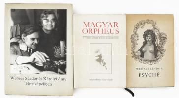 3 db Weöres Sándorral kapcsolatos könyv: Weöres Sándor: Psyché. Egy hajdani költőnő írásai. Bp., 1972, Magvető. Első kiadás. Kiadói egészvászon-kötés, kissé sérült kiadói papír védőborítóban. + Károlyi Amy: Weöres Sándor és Károlyi Amy élete képekben. Írta és összeáll.: - - . Bp., 1984, Magvető. Kiadói műbőr-kötés, helyenként kissé foltos lapokkal, kissé viseltes kiadói papír védőborítóban. + Magyar Orpheus. Weöres Sándor emlékezetére. Szerk.: Domokos Mátyás. Bp., 1990, Szépirodalmi Könyvkiadó. Kiadói kartonált papírkötés, kiadói papír védőborítóban.