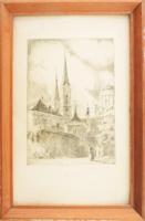 Bajor Ágost (1892-1958): Esztergomi részlet. Rézkarc, papír, jelzettt, üvegezett fakeretben, 18×13 c...