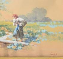 Neogrády Antal (1861-1942): Kecskével a hídon. Akvarell, papír, jelezve balra lent. Üvegezett, faker...