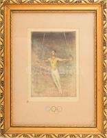 Ősz Dénes (1915-1980): Olimpiai gyűrűgyakorlat. Színes rézkarc, papír, jelzett, üvegezett fakeretben...