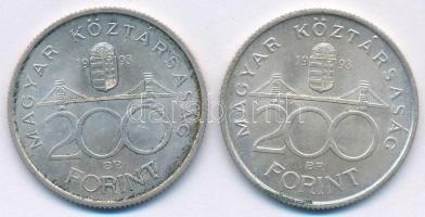1993. 200Ft "MNB" Ag (2x) T:AU,XF patina Adamo F13