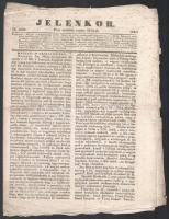 1834 Jelenkor 52. szám, Pest, 1834. június 28., "Foglalat: Magyar- és Erdélyország (fő RR. ülései; az erdélyi országgyülés megnyittatása jun. 20kán. Kinevezés. Trencsény tisztválasztása [...]", szerk.: Helmeczy [Mihály], kiadja: Landerer, kissé viseltes állapotban, 8 p.