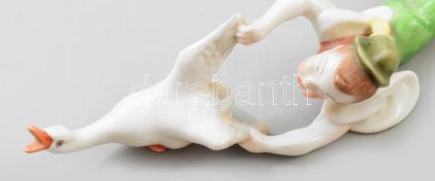 Herendi libát üldöző fiú. Jelzett, egyik keze repedt, h: 19 cm