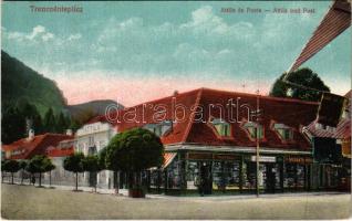 Trencsénteplic, Trencianske Teplice; Attila nyaraló, posta, Csemege Delicatesse áruház és Muskáth Miksa boltja, Ondreicska Fábián üzlete és saját kiadása / Villa, post office, shops (fl)
