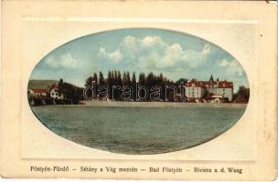 1913 Pöstyén, Pistyan, Piestany; Sétány a Vág mentén. Laufer Nándor kiadása / Riviera a.d. Waag / Váh riverside promenade