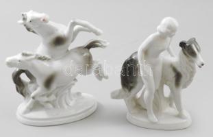 Fasold & Stauch 2 darab porcelán figura: Nő kutyával és Lovak. Jelzett, hibátlan, m: 15 cm