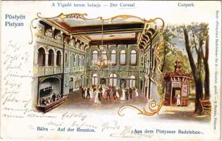 1901 Pöstyén, Piestany; Aus dem Pistyaner Badeleben. Der Cursaal, Auf der Reunion, Curpark / A vigadó terem belseje, bál. A. Bernas kiadása / spa, concert hall, dance, park. Art Nouveau