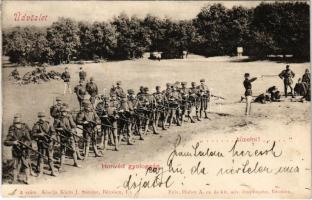 "... tüzelni!" Honvéd gyalogság. Klein J. Sándor kiadása. Huber A. cs. és kir. udvari fényképész felvétele / Austro-Hungarian K.u.K. military exercise, soldiers with rifles