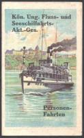 cca 1930 Kön. Ung. Fluss- und Seeschiffahrts-Akt.-Ges. Bp., é.n., Druckerei der Pester Lloyd-Gesellschaft (Pesti Lloyd Nyomda). Színes térképpel illusztrált, kihajtható, német ny. prospektus.