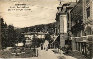 Bártfafürdő, Bardejovské Kúpele, Bardiov, Bardejov; Sétatér, Deák szálloda, Erzsébet királyné szálloda, Kávéház, Szegő Sándor üzlete. Neumann Viktor kiadása / promenade, hotels, cafe, shops (EK)