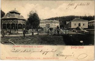 1903 Bártfafürdő, Bardejovské Kúpele, Bardiov, Bardejov; Erzsébet királyné forrás, Deák tér és szálloda. Eschwig Ede F. kiadása, Hajts Kornél felvétele / mineral water spring, square, hotel (EK)