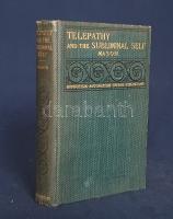 Mason, Osgood R[ufus]:  Telepathy and the Subliminal Self. An Account of Recent Investigations regarding Hypnotism, Automatism, Dreams, Phantasms, and related Phenomena.  New York, 1897. Henry Holt and Company. 1 t. (hártyapapírral védett szellemfénykép) + VIII + 343 + [7] p. Első kiadás.  Rufus Osgood Mason (1830-1911) amerikai orvos, sebész, hipnoterapeuta angol nyelvű esetleírásai a parapszichológia határterületein. Jellemző fejezetcímek a kötetből: Lélektani kutatás: Telepátia avagy tudatátvitel * A mesmerizmus és hipnózis történeti és terápiás szempontból * Távérzékelés * Többszörös személyiség * A természetes és hipnotikus alvajárás és az álmok * Transzállapotban működő automatikus írás és rajzolás * Kristályhipnózis * Fantazmák és tünemények.  Az esetleírásokon túl egyes fejezetek alapos kultúrtörténeti áttekintéssel is büszkélkedhetnek. Az első előzéken és a címoldalon régi tulajdonosi bélyegzés.  Poss.: Gyöngyöshalászy Takách Zoltán [Gyöngyöshalászy Takách Zoltán magyar származású zongoraművész, zongoratanár és zeneszerző. A budapesti Zeneakadémián tanult művész az 1900-as évek első évtizedében magas rangú magyar diplomaták ajánlásával került az amerikai komolyzenei élet sodrába - az amerikai keleti part nagyvárosaiban, New Yorkban, Philadelphiában és az amerikai elit üdülőhelyein lépett fel, egyúttal magán zeneiskolát is fenntartott az Egyesült Államokban.]  Aranyozott, festett kiadói egészvászon kötésben. Szép példány.