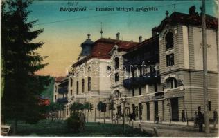 Bártfafürdő, Bardejovské Kúpele, Bardiov, Bardejov; Erzsébet királyné gyógyház, Olasz Műipari Áruház, Szegő Sándor üzlete. Salgó Mór kiadása / spa, shops (ázott / wet damage)