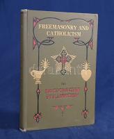 Heindel, Max:  Freemasonry and Catholicism. An Exposition of the Cosmic Facts Underlying These Two Great Institutions As Determined by Occult Investigation. Second Edition, Revised.  Oceanside-London, (1921). Rusicrucian Fellowship - L. N. Fowler (Fellowship Press). 1 t. (címképen a szerző portréja) + 98 + [12] p. + 1 t. (kihajtható). Első kiadás.  Max Heindel (1865-1919) dán származású amerikai okkultista, asztrológus, misztikus, üzletember, a mindmáig üzemelő amerikai Rózsakeresztes Testvériség (1909) megalapítója. Az ezoterikus szerző ezúttal a világkorszakokról, Luciferről, a lázadó angyalról, a szabadkőművesség legendájáról, Sába királynőjéről és Melkizedek főpapról, nem különben a spirituális alkímiáról, a bölcsek kövéről, a beavatás útjáról és az Armageddonról értekezik. A kötet kihajtható mellékletén nem csekély fantáziáról tanúbizonyságot tevő ábra az emberiség alapvető korszakairól és azok alapszerkezetéről. A kötet végén a kiadó tekintélyes terjedelmet kitevő könyvhirdetései. A címoldalon Gyöngyöshalászy Takách Zoltán magyar származású amerikai zongoraművész, zongoratanár és zeneszerző tulajdonos korabeli dátumbejegyzése, néhány oldalon széljegyzetek, szövegkiemelések,  Aranyozott, festett, a Rózsakeresztes Testvériség szimbólumával illusztrált kiadói egészvászon kötésben. Szép példány.