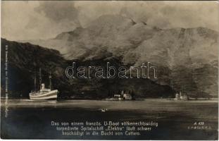 1916 Das von einem französ. U-Boot völkerrechtswidrig torpedierte Spitalschiff ELEKTRA läuft schwer beschädigt in die Bucht von Cattaro. K.u.K. Kriegsmarine / WWI Austro-Hungarian Navy art postcard, heavily damaged hospital ship Elektra in the Bay of Kotor (torpedoed by French submarine Ampere) s: Richard Assmann