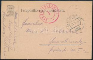 1916 Tábori posta levelezőlap piros SEESPITALSCHIFF , K.u.K. FELDPOSTAMT 406 Innsbruckba küldve