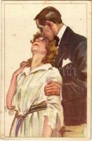 Italian lady art postcard, romantic couple. 714-4. (fl)