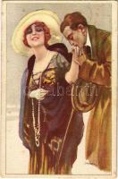 Italian lady art postcard, romantic couple. 714-1. (fl)