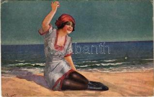 Lady art postcard, on the beach. Serie 1036-1. (EK)