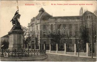 1909 Kolozsvár, Cluj; M. kir. Ferenc József tudományegyetem könyvtára, Szent György szobor. Schuster Emil kiadása / university library, monument (EK)