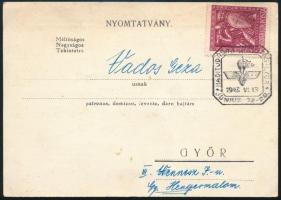 1943 Nyomtatvány &quot;Haditudósító Kiállítás Győr&quot; alkalmi bélyegzéssel, Hadigondozás 4f bélyeggel