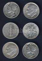 USA 1942-64. 10c Ag "Mercury" (3x) + "Roosevelt" (3x) T:2,3 Összesen 6db Ag!