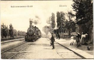 1925 Balatonszemes, vasútállomás, gőzmozdony, vonat (EK)