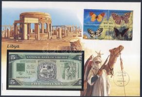 Libéria 1991. 5$ líbiai bankjegyes, bélyeges borítékon, líbiai bélyegekkel, elsőnapi bélyegzővel T:I
