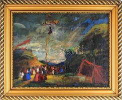 Olvashatatlan jelzéssel, feltehetően erdélyi magyar festő, 1920-30 körül: Májusfa állítása. Olaj, vászon. 42x54 cm. Dekoratív fakeretben.