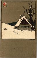 1915 Tél. Magyar Iskola Egyesület levelezőlapja, kiadja a Magyar Földrajzi Intézet rt. / Hungarian art postcard, winter, litho s: Várady István