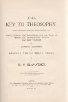 Blavatsky, H[elena] P[etrovna]:  The Key to Theosophy; Being a Clear Exposition, In The Form of Question And Answer, of the Ethics, Science, and Philosophy, for the Study of Which the Theosophical Society has been Founded, with a Copious Glossary of General Theosophical Terms. Third and Revised English Edition.  London, 1920. The Theosophical Publishing House XIV + [2] + 260 p.  Helena Petrovna Blavatsky (1831-1891) orosz teozófus, az 1875-ben létesült Teozófus Társulat fő alapítója, a teozófiai irodalom meghatározó alakja. Kérdezz-felelek formájában írt összefoglalója bevezetést nyújt a szellemi beavatást, spiritualitást megalapozó, rejtett tudást feltáró gnosztikus mozgalom alapjaiba, hitrendszerébe, célkitűzéseibe. A dokumentum tisztázza a teozófia kapcsolatát a keleti és nyugati vallásokkal és misztikus mozgalmakkal (a teozófia nem vallás), és kifejti a teozófusok emberideálját is. A munka végén alapos teozófiai fogalommagyarázat, majd részletes index. A munka első kiadása 1889-ben jelent meg. Az első nyomtatott oldalon régi tulajdonosi bélyegzés.  Poss.: Réthy Zsigmond.  Aranyozott, festett, enyhén foltos kiadói egészvászon kötésben. Jó példány.