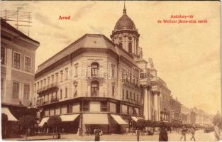 1907 Arad, Andrássy tér és Weitzer János utca sarok, Központi Divatáruház, piac. W. L. 502. / square, fashion store, market (EK)