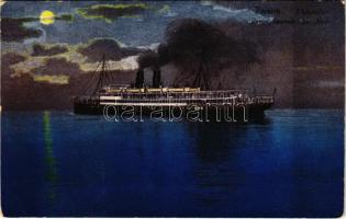 Trieste, Eildampfer Baron Gautsch bei Nacht / steamship at night. Milan Mandich Nr. 811.