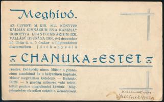 1936 Meghívó az Újpesti M. Kir. Áll. Könyves Kálmán Gimnázium és a Kanizsay Dorottya Leánygimnázium izraelita vallású ifjúsága által tartandó chanuka estre, Jellinek György aláírásával