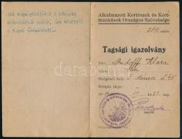 1919 Alkalmazott Kertészek és Kertmunkások Országos Szövetsége tagsági igazolvány