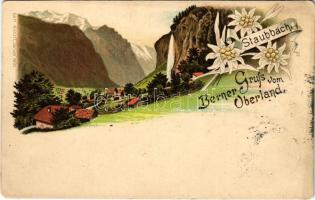 1900 Berner Oberland, Bernese Highlands; Staubbach waterfall. Carl Künzli Art Nouveau, floral, litho (EK)