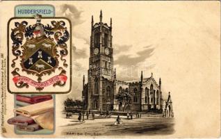 1904 Huddersfield, Parish Church. Raphael Tuck & Sons' "Heraldic" Postcard Series 191. Art Nouveau, Emb. coat of arms, litho (pinholes)