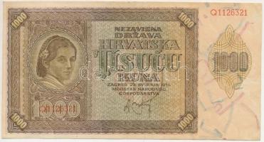 Horvátország / Független Horvát Állam 1941. 1000K &quot;Q&quot; T:F szép papír Independent State of Croatia 1941. 1000 Kuna &quot;Q&quot; C:F fine paper  Krause P#4a