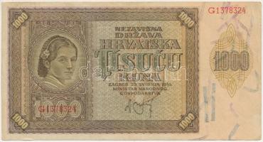 Horvátország / Független Horvát Állam 1941. 1000K &quot;G&quot; T:F szép papír Independent State of Croatia 1941. 1000 Kuna &quot;G&quot; C:F fine paper  Krause P#4a