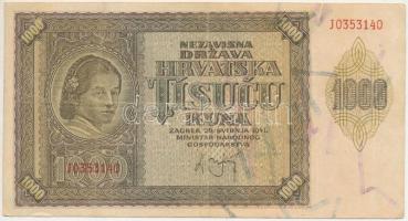 Horvátország / Független Horvát Állam 1941. 1000K &quot;J&quot; T:F  Independent State of Croatia 1941. 1000 Kuna &quot;J&quot; C:F  Krause P#4a