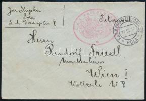 1917 Tábori posta levél piros K.U.K. KRIEGSMARINE , K.u.K. MARINEFELDPOSTAMT / POLA Bécsbe küldve